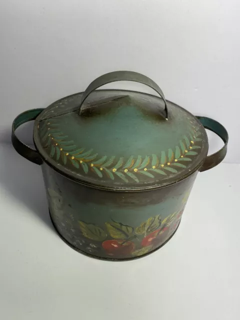 Antique TIN CANNISTER  Large, TOLE FOLK ART Signed Old & Unusual Dome Fruit Tin 2