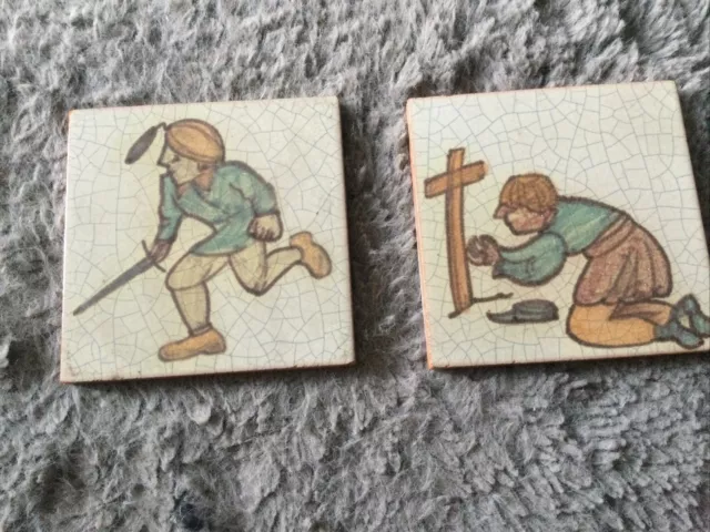 Two Vintage Belgian Ceramic Terracotta Hand Painted Tiles 105mm Sq Belgium