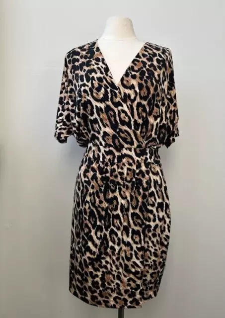 Chaus Womens Animal Print Leopard Midi Dress Short Sleeve V Neck Sz 10 Tie Waist