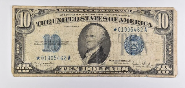1934-D Star Note $10 Silver Certificate Blue Seal *6486