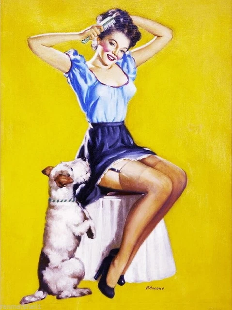 95113 Pin-Up Girl and Fox Terrier Puppy Dog Pin Up Wall Print Poster AU