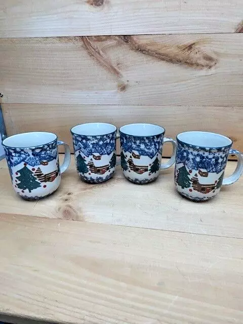 Set of (4) Tienshan Folk Craft Cabin In The Snow Coffee Cups Mugs Red Dots
