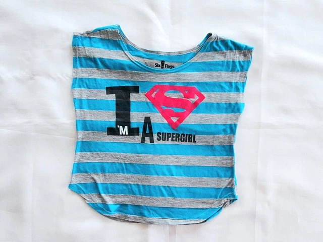 I'm A SuperGirl T-Shirt: Youth/Kids SIZE M, Blue/Gray Stripes - Six Flags