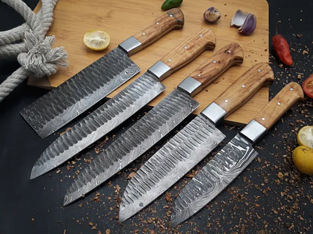 Hand Forged Damascus Steel Kitchen Chef Knife Set with Bag + Olive Wood Handle