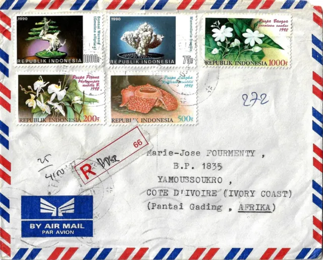 Indonésie, 1993, Lettre recommandée fleur, orchidée, singe, Pongo pygmaeus