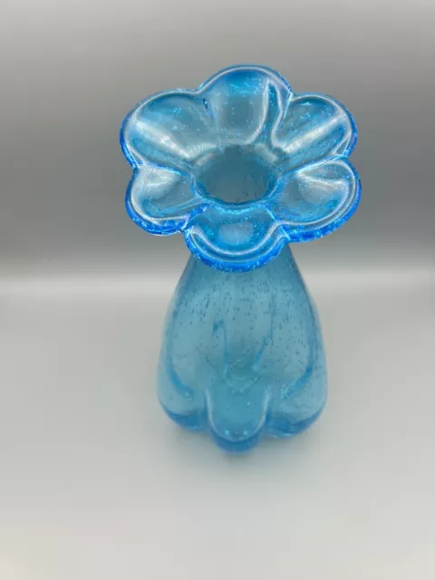 Mid Century Modern Hand Blown Aqua Blue Art Glass Flower Top Vase Bubble Glass