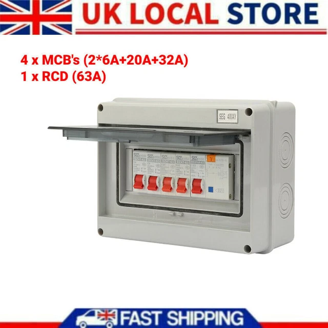 4 WAY CONSUMER Unit fuse box 4 MCB Circuit Breakers Isolator Shed