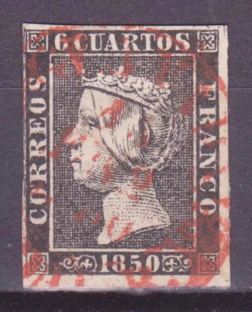 España Edifil N° 1, 6 Cuartos Negro Matasellos Fechador En Rojo De Granada