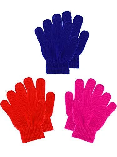 3 Pairs Kids Gloves Full Finger 1 - 4 Years Size Rose Red, Red, Royal Blue