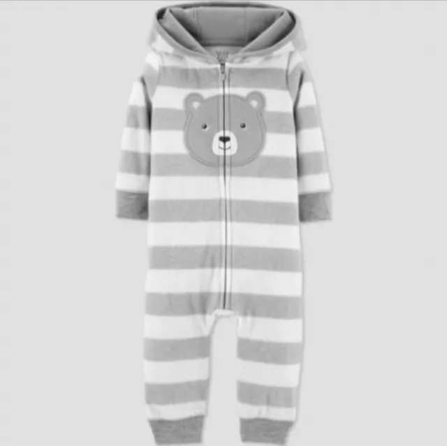NWT Carter's 24 Months Bear Striped Grey White Hooded Neutral Coverall Jumpsuit