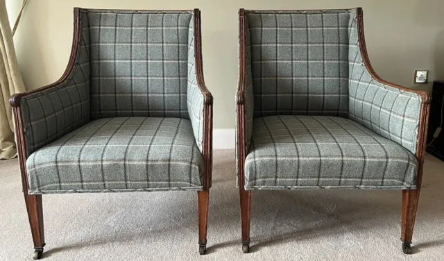 Pair of Elegant Antique Bergere Tub Chairs Upholstered Morris & Co Wool Plaid