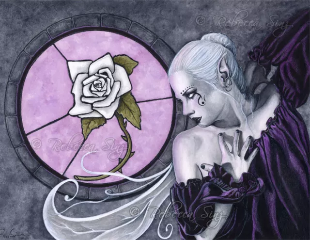 Fairy Fantasy Art PRINT gothic Pale Purple Fae Wings White rose stained glass wc