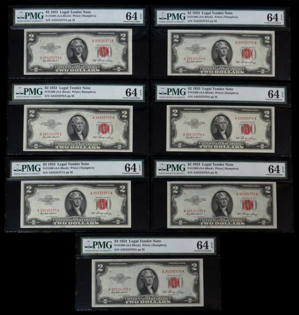 (7) 1953 Series $2 Us Legal Tender Consecutive Notes Fr #1509 Pmg Ch Unc 64 Epq