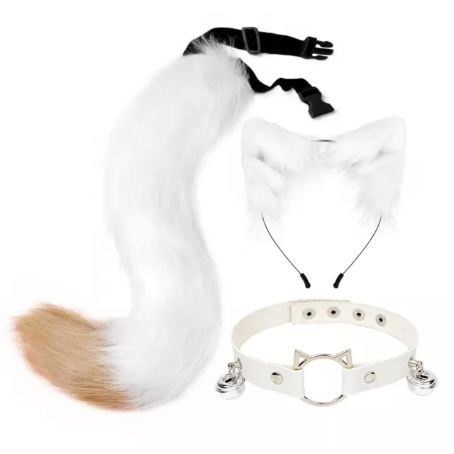 Adult Hair Hoop Fox Cat Ears Animal Choker Bells 3Pcs Tail Props Plush Set Gift