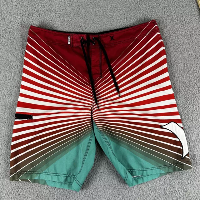 Hurley Swim Trunks Mens 38 Red Blue Regular-Fit Flat Front 100% Polyester Beach