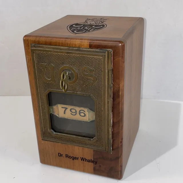 Vintage Wood Lock Box w/ Key Etched Engraved Glass and Brass Door #796 Safe