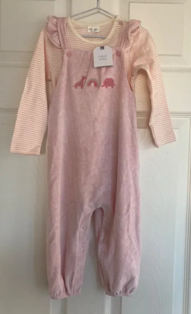 NEW NEXT Baby Girls Pink Velour Baby Dungarees & Bodysuit Size 12-18 Months