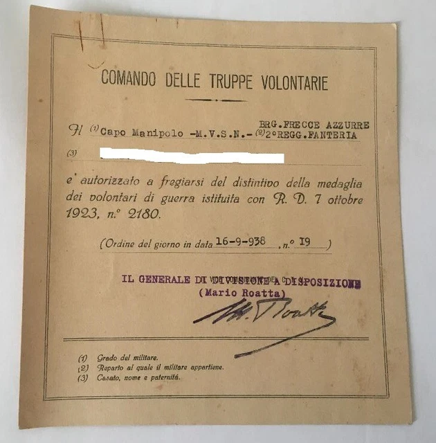 documento  originale 1938 autorizzazione fregiarsi distintivo medaglia