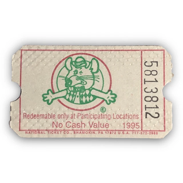 RARE VINTAGE CHUCK E Cheese Pizza Time Theatre 1995 Ticket