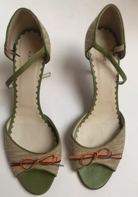 Marc Jacobs Raffia & Green Leather Pumps Heels Bow Detail Sz 11 3” Heel