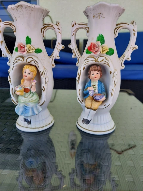 Vintage Pair of Royal Japan 3D Bud Vases Porcelain Bisque Figurines Boy and Girl