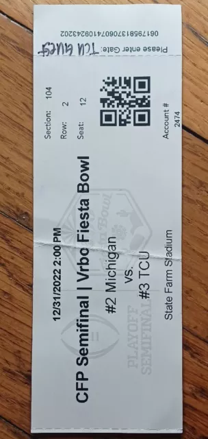 2022 Fiesta Bowl Michigan Wolverines vs TCU Horned Frogs Football Ticket Stub 2022 Fiesta Bowl Michigan Wolverines vs TCU Horned Frogs Football Ticket Stub