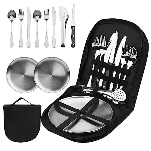 Campingbesteck Set für 2 Personen 10pcs Picknick Geschirr Set Edelstahl Outd...