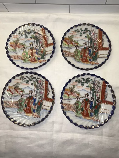 Geisha Ware Hand Painted W/Gold Accents Saucers Set of 4 Blue Scrolled Edge VTG