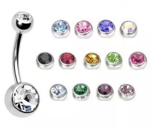 Double Gem Belly Bar 316L Surgical Steel Body Piercing 8mm 10mm 12mm Europe Gem