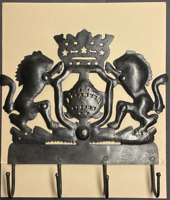 Hand Forged Wrought Iron Coat of Arms English Crown Lions Hat Key Utensil Rack