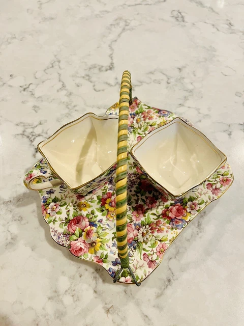 Antique Royal Winton/Grimwades Summertime Chintzware Basket With Sugar & Creamer 3