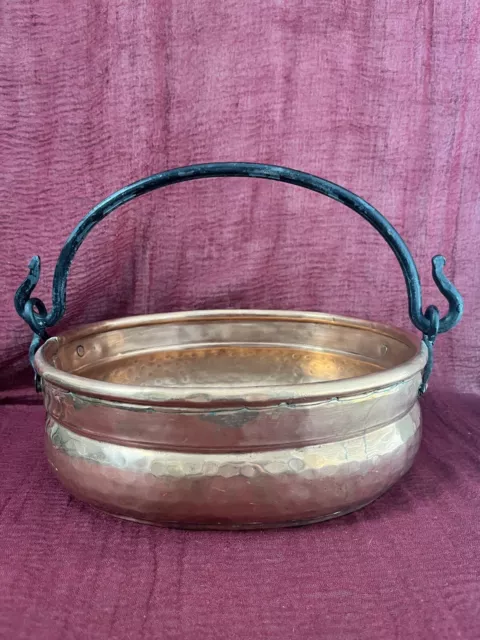 Vintage Copper Oval Pot With Wrought Iron Handle