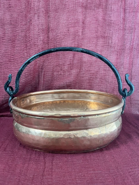Vintage Copper Oval Pot With Wrought Iron Handle