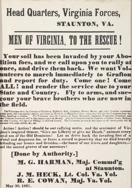 Broadside  framed reprint for Confederate troops at Staunton, Va.