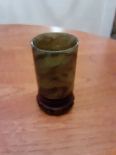 Old  Chinese Green Spinach Jade Small Vase Tea Cup W/ Carved Wood Stand