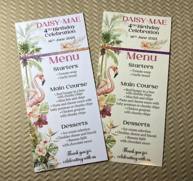 Flamingo tropical DL MENU card wedding birthday table decor foliage leaf glitter