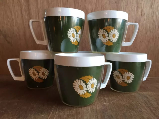 Vintage West Bend Thermo Serv Cups Mugs Retro Green w Daisy  Set of 6 Seven RARE