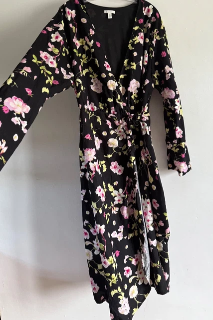 Hm Black Multicoloured Floral Print Long Sleeves Midi Wrap Dress Size:large