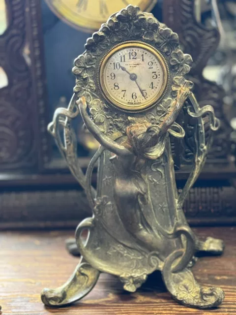 Early 1900’s Antique Seth Thomas 8 Day Figural Cast Metal Mantel Clock RARE