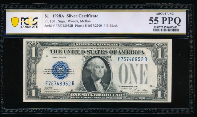 AC 1928A $1 Silver Certificate PCGS 55 PPQ Fr 1601 F-B block