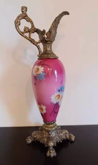 Antique French Ewer, Hand Painted Glass Vase, Painted Metal Mounts. 17 1/4"H