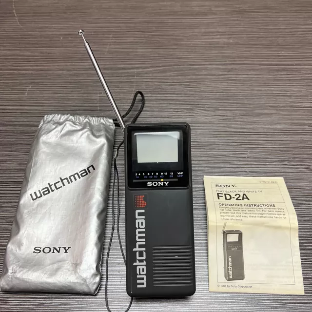 Vintage 1980s Sony Watchman TV FD-2A W/ Manual B&W Handheld Portable TV VHF/UHF