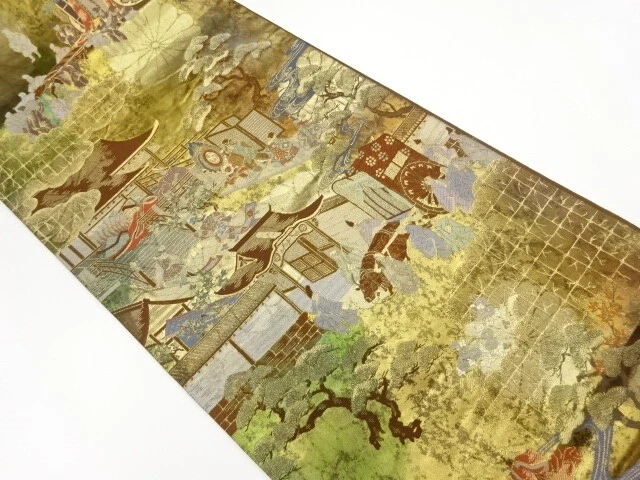 6329322: Japanese Kimono / Vintage Fukuro Obi / Woven Pine & Scenery In The Past