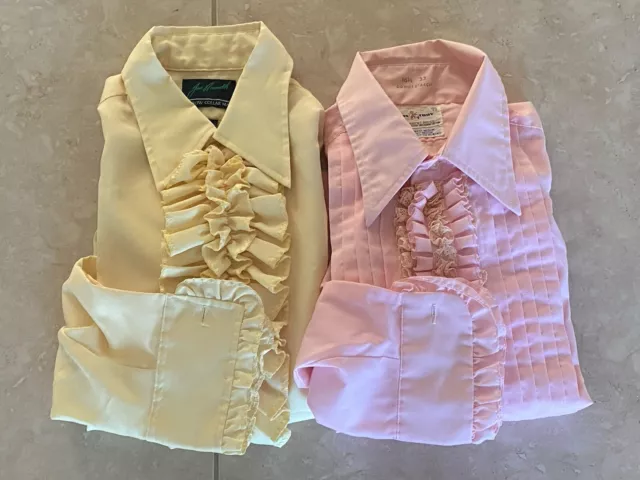2 Vtg 60s/70s Ruffle Tuxedo Prom Shirt Joe Namath (16) & Lion (16.5) Yellow Pink