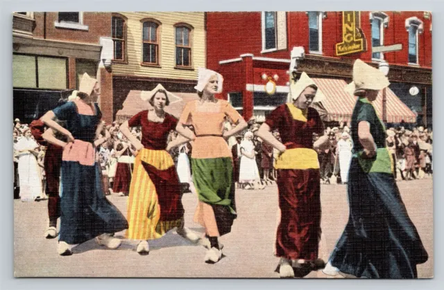 Holland MI Tulip Time Women in Dutch Costumes Street Dancing Vtg Postcard View