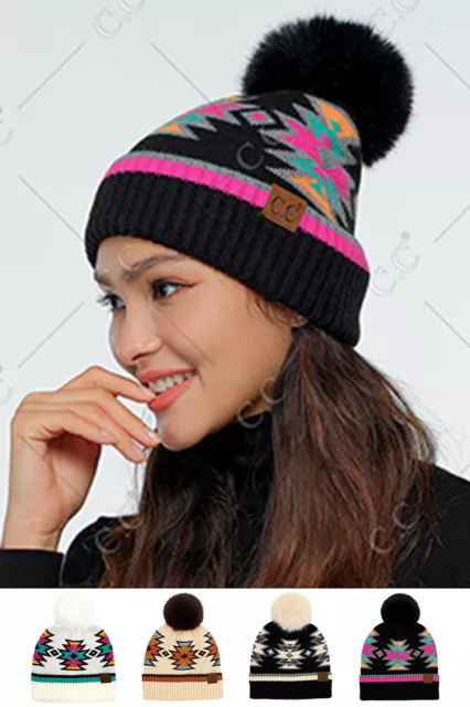 C.C Exclusive Women Winter Soft Southwest Aztec Pattern Knit Cuff Beanie Pom Hat