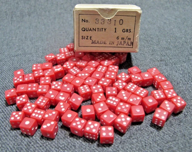 Vintage red plastic 6 mm dice Made in Japan unused in box approx 90 pcs