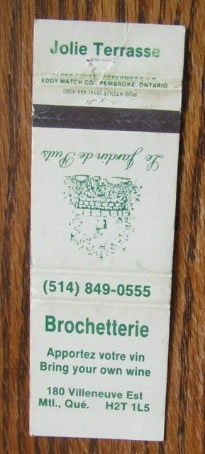 Greek Restaurant Matchbook Matchcover: Jardin De Puits (Montreal, Quebec) -E8