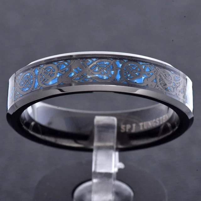 6mm Black Tungsten Carbide Celtic Dragon Blue Carbon Fiber Men Wedding Band