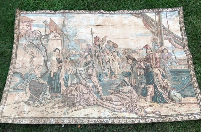 Antique Tapestry People Boat Many Ships in Port 6ft x 4ft